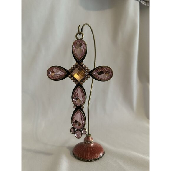 Kirklands Pink With Gold/Brass Colored Stone Cross With Pink/Metal Stand Holder - Picture 14 of 16